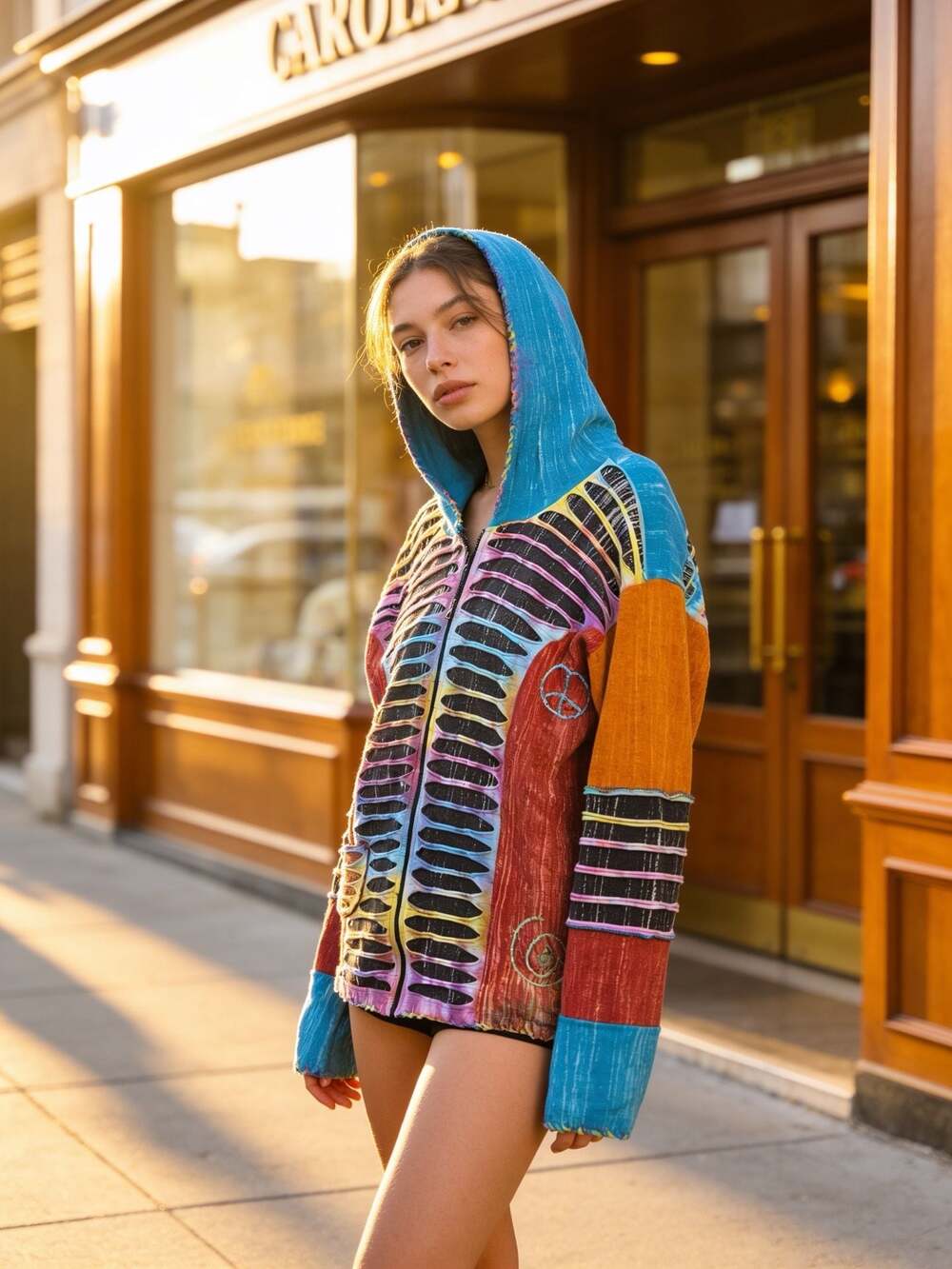 Multi‑Color Hooded Zip Sweater Jacket - Blue, Orange, Red